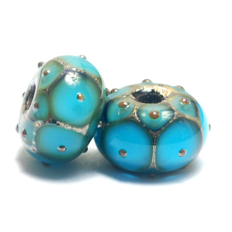 10409001 - Seven Teal Blue w/Metal Dots Rondelle Beads