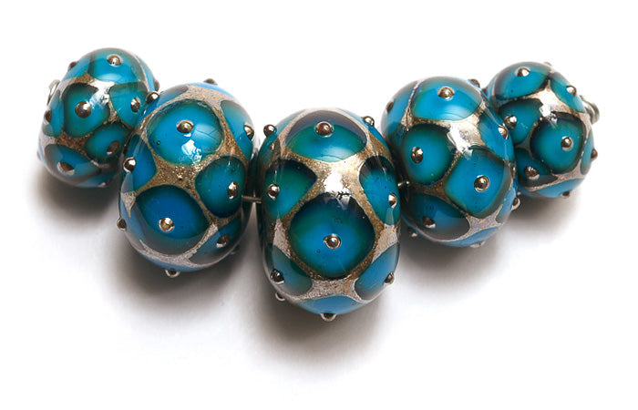 10409011 - Five Teal Blue w/Metal Dots Graduated Rondelle Beads