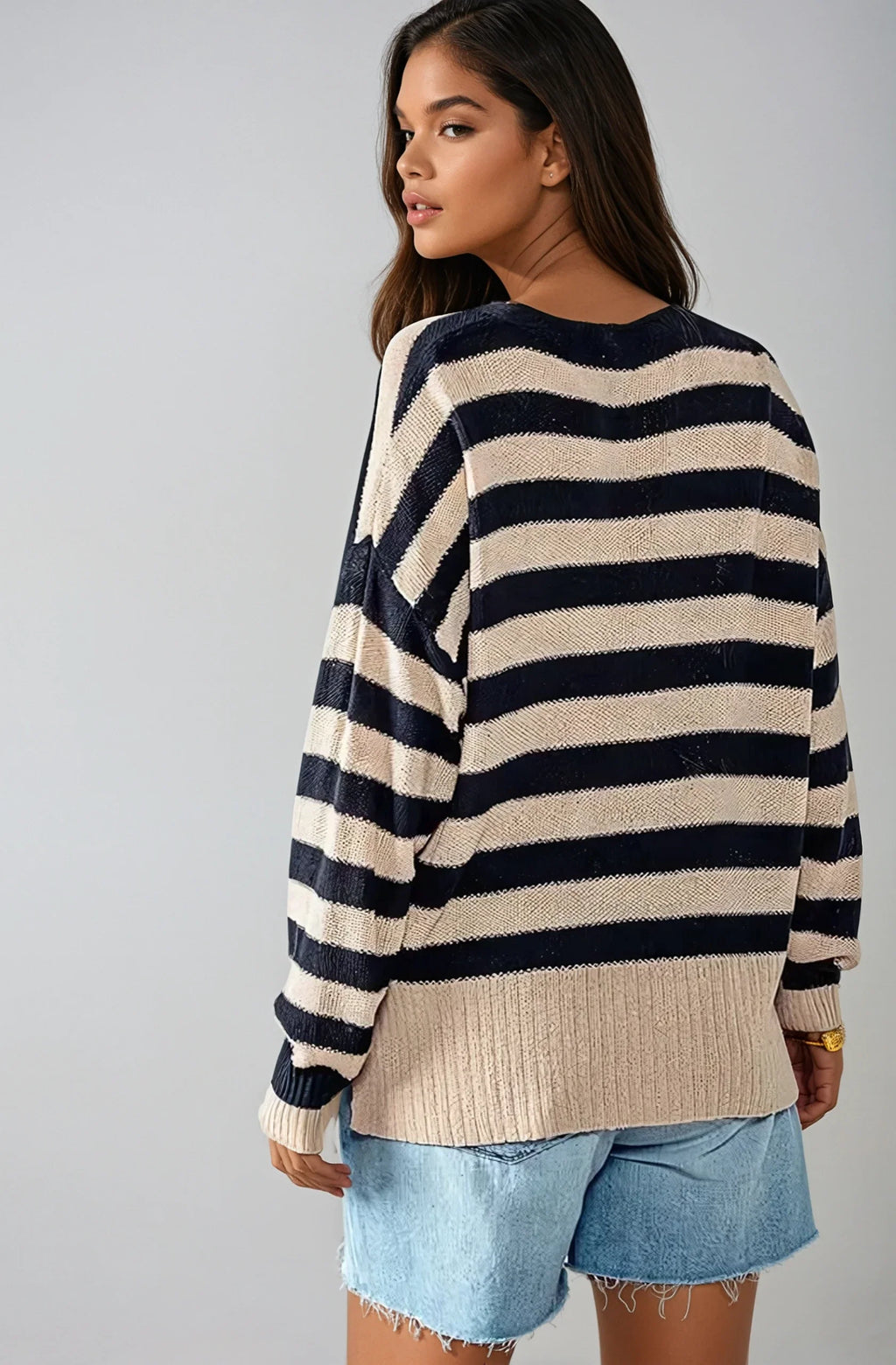 Coastal Muse Striped Knit Cardigan – Navy & Cream