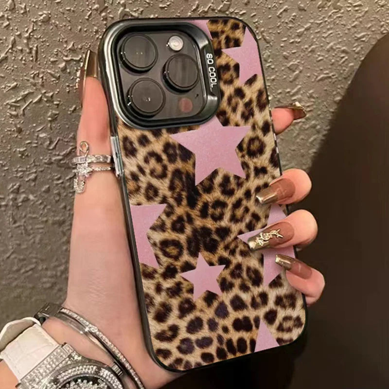 Leopard Print Star Flower Plating Matte Hard Phone Case