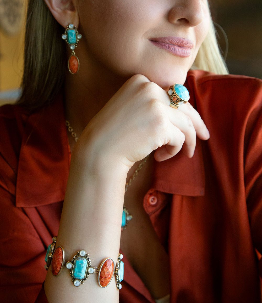 Champs Blue turquoise and Orange Coral Golden Link Bracalet