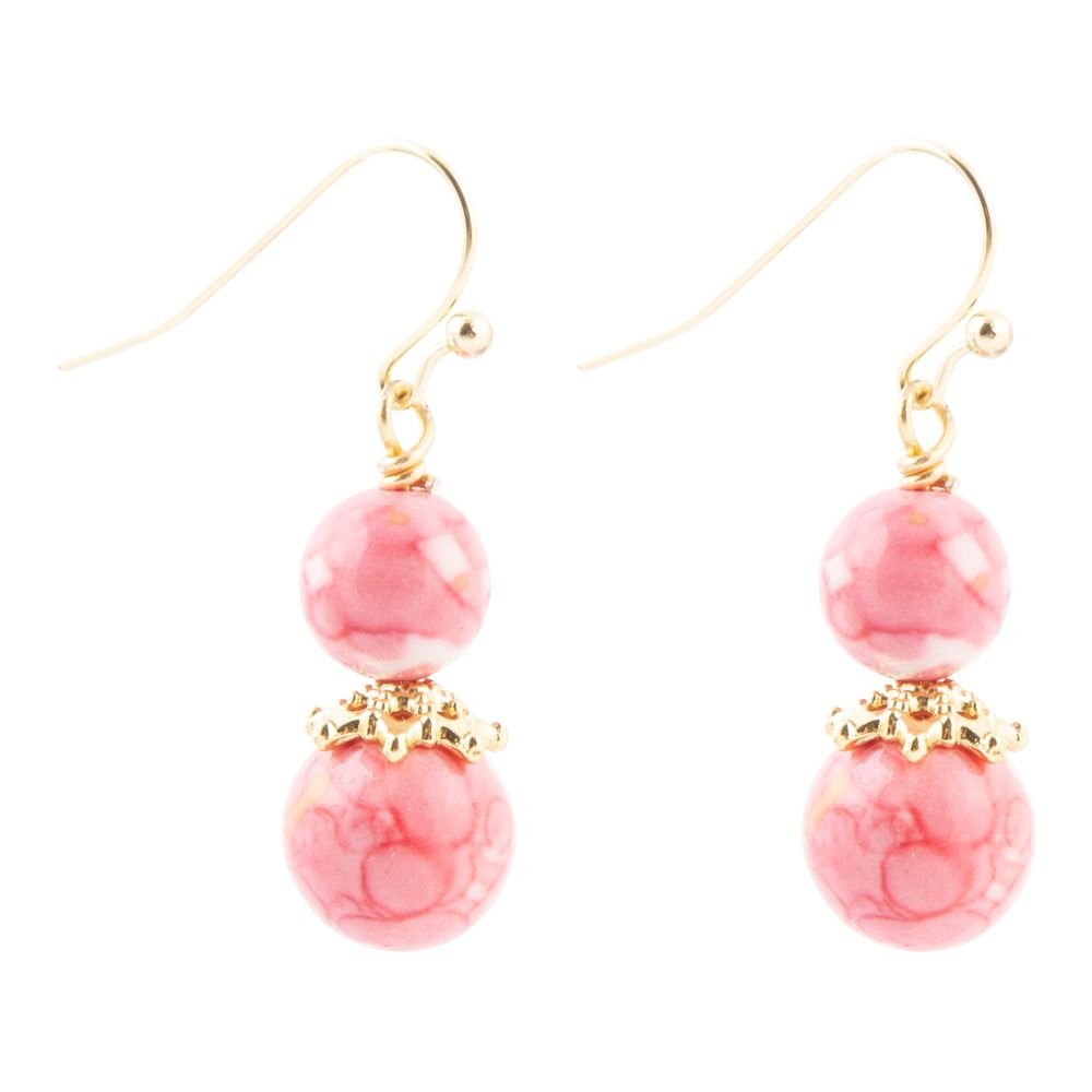 Mottled Pink Jade Golden Drop Earrings